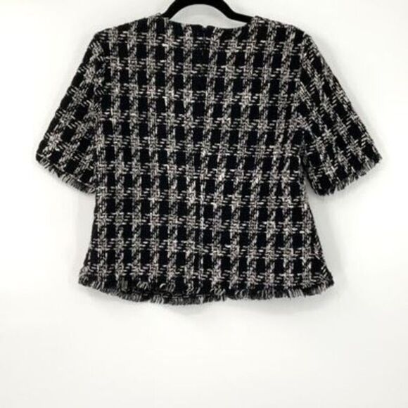 Zara Black White Houndstooth Tweed 3/4 Sleeve Blouse Top Medium - Picture 4 of 9